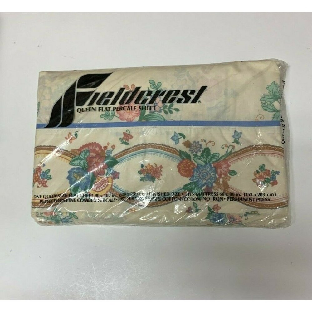 Sealed! Vintage Fieldcrest Queen Flat Percale Sheets Polonaise 90x102